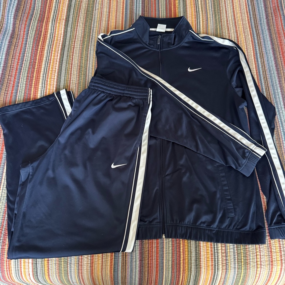 Nike Men's Navy Blue/White 2 piece tracksuit. Jacket 2XLT. Pants XLT sweatsuit